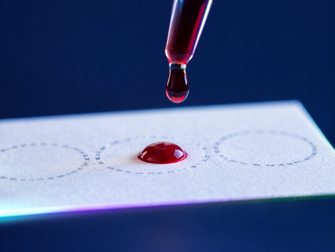 A single drop of blood landing on a dried blood spot collection card.