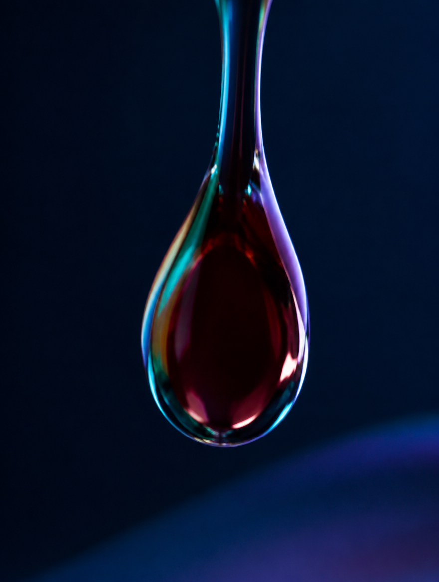 A single drop of blood suspended in clear fluid, caught in teal light.