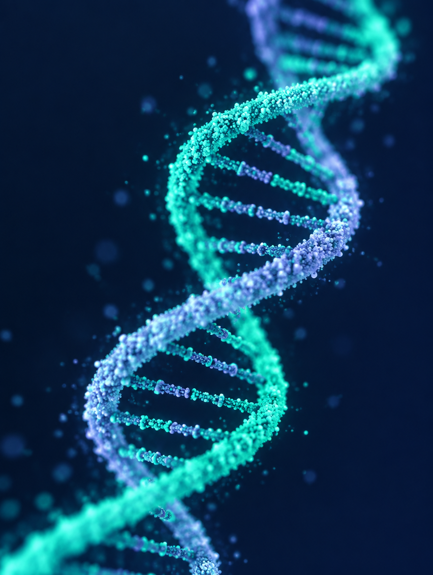 A strand of DNA photographed close up, lit in cool blue.