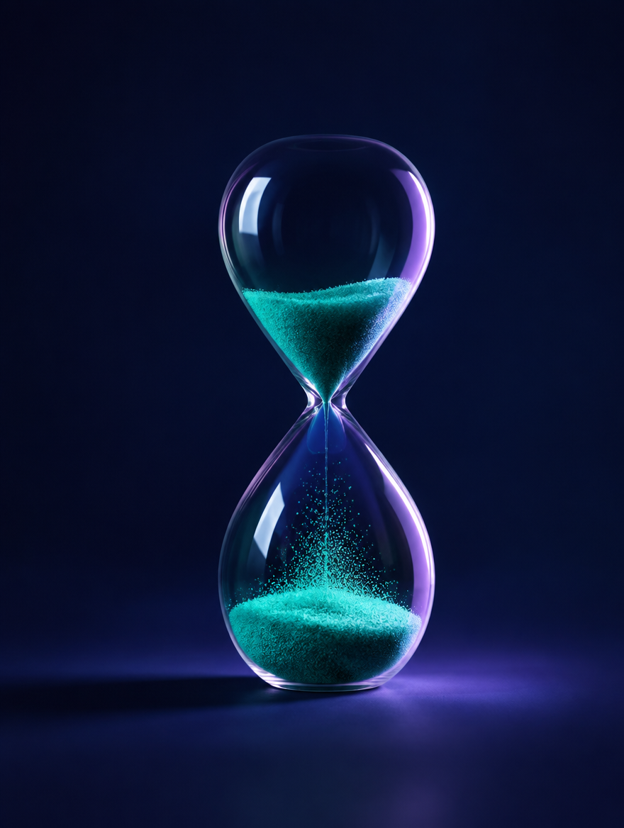 An hourglass standing in low blue light, sand running through the neck.