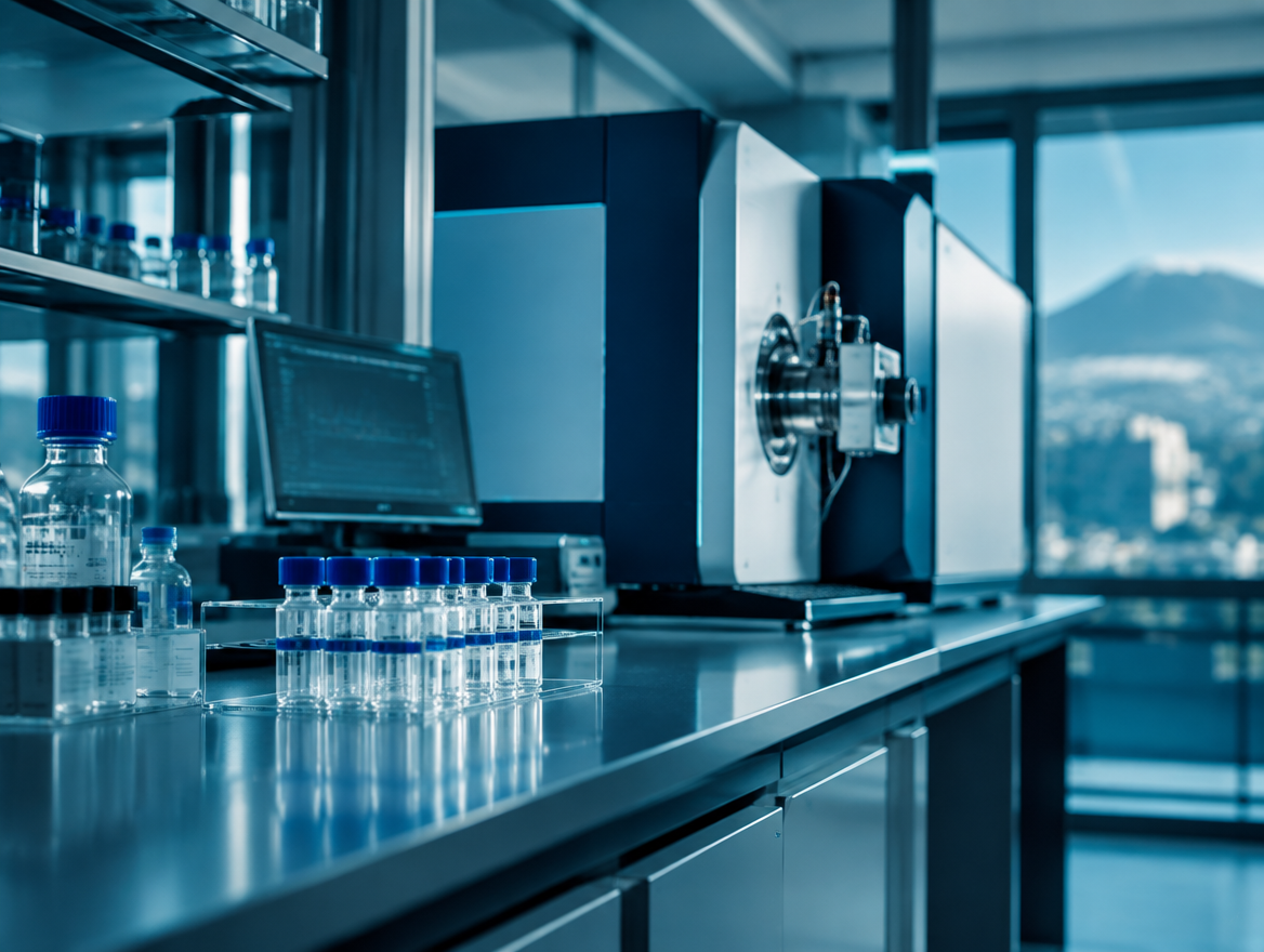 A proteomics laboratory bench with sample vials and a mass spectrometer.
