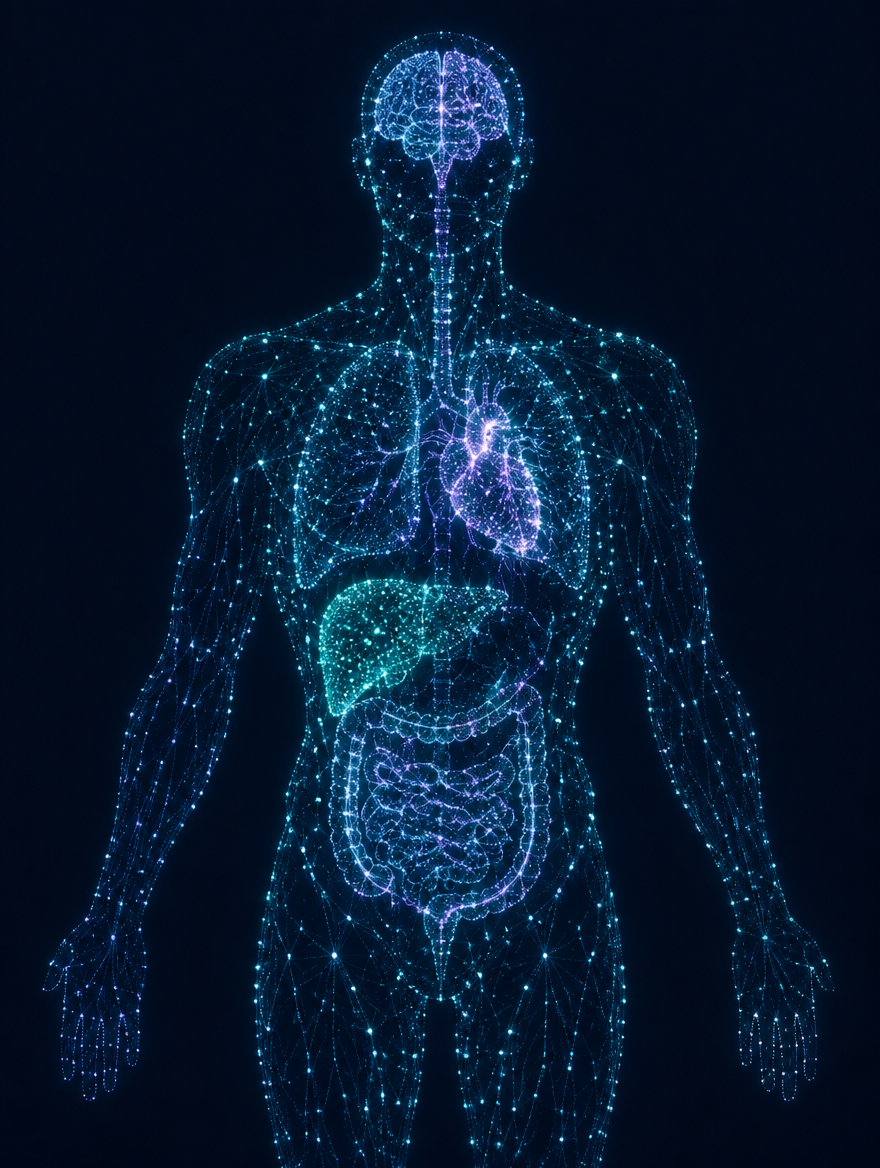 Points of light arranged as constellations in the shape of human organs.