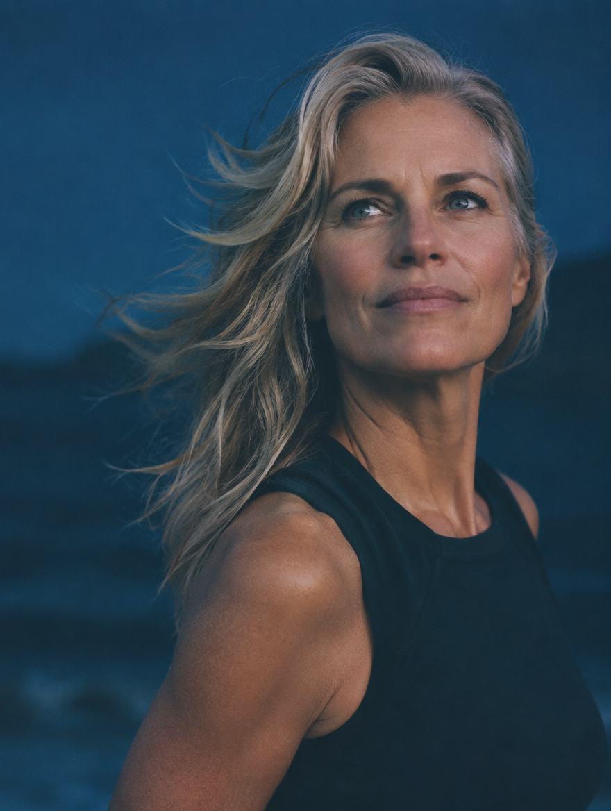 A person at blue hour, looking out past the camera.