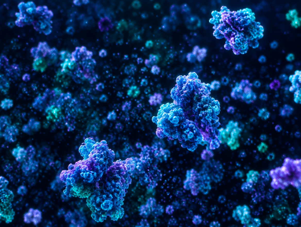 Glowing protein molecules suspended in a dark field.