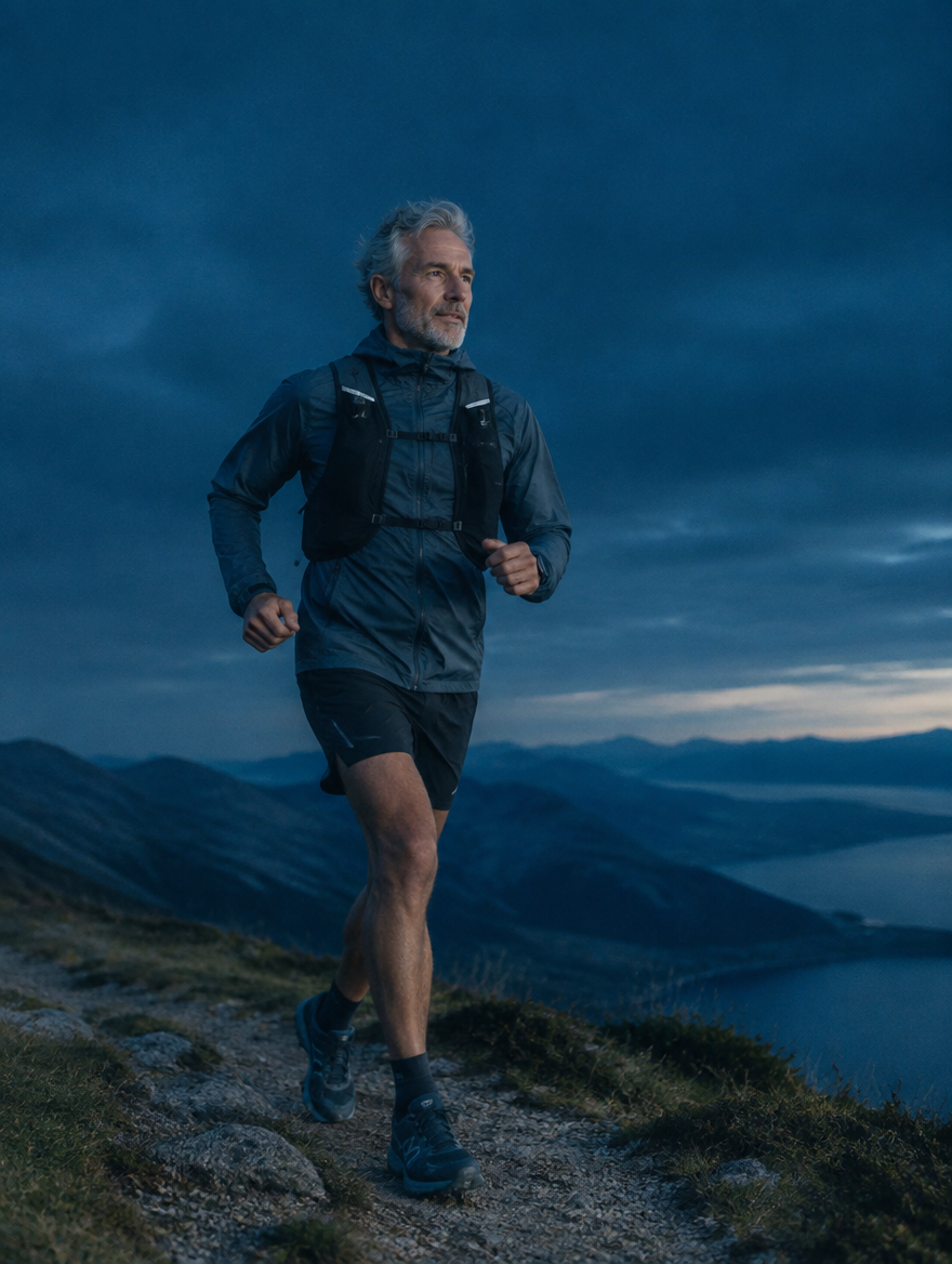 A runner on an open road at blue hour, seen from behind.